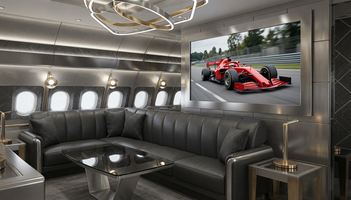 VVIP private jet lounge interior — bespoke widebody completion with custom seating, lighting and finishes managed by IAS completion consultants