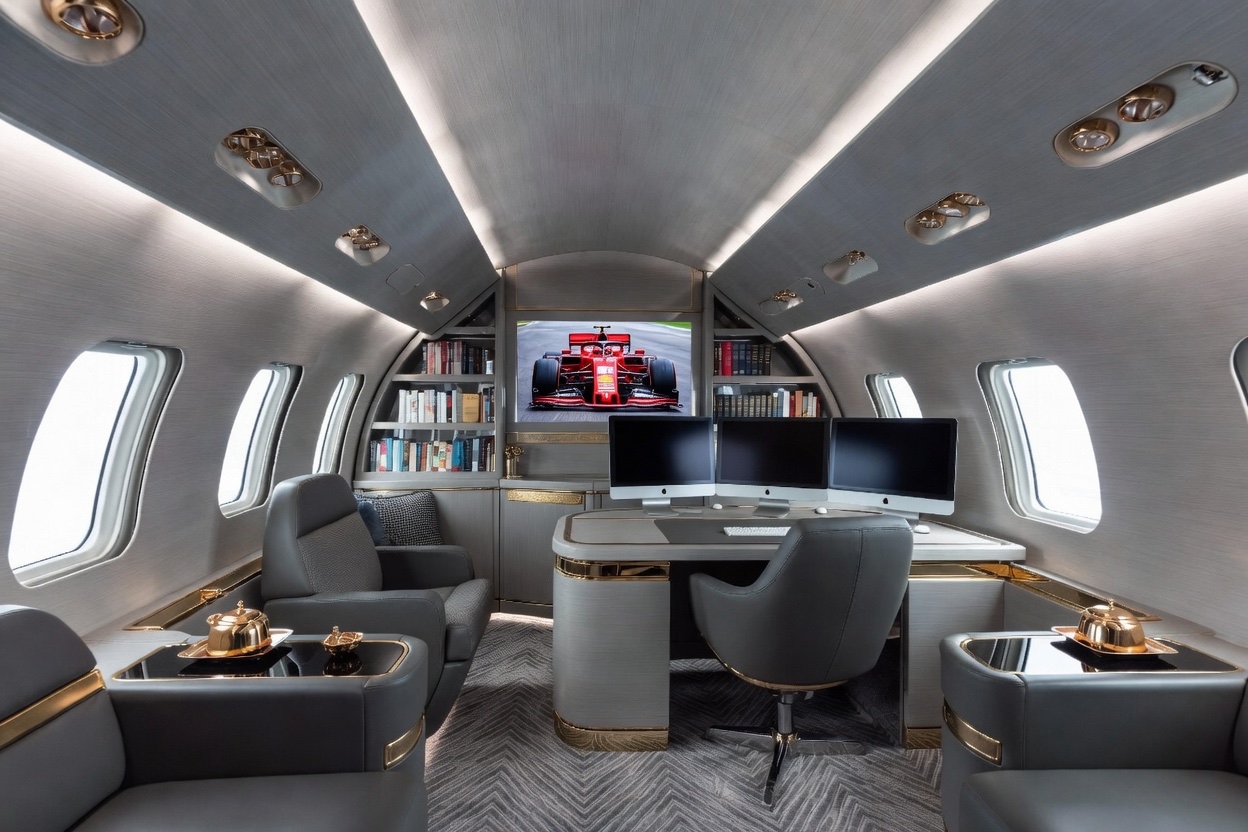 VIP aircraft executive office cabin with desk and media wall