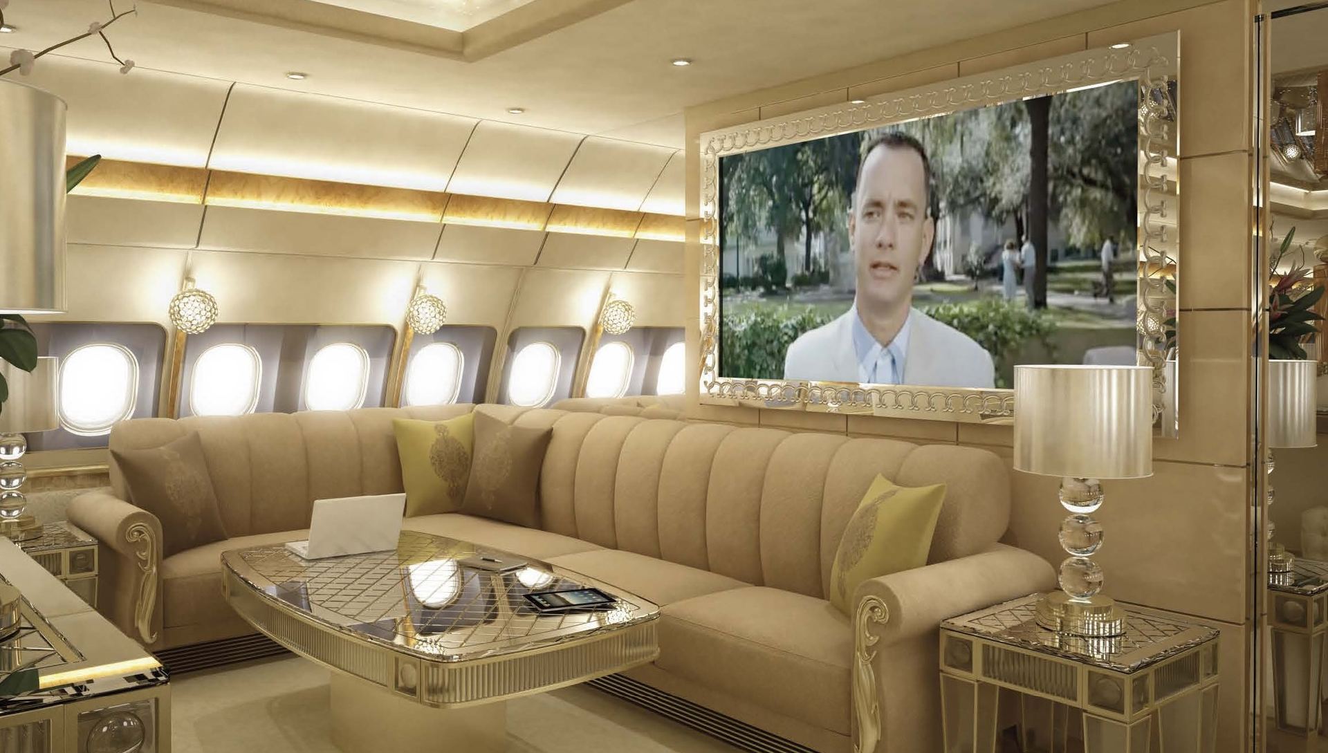 Royal interior VIP aircraft lounge — custom VVIP completion with gold appointments managed by IAS completion consultants