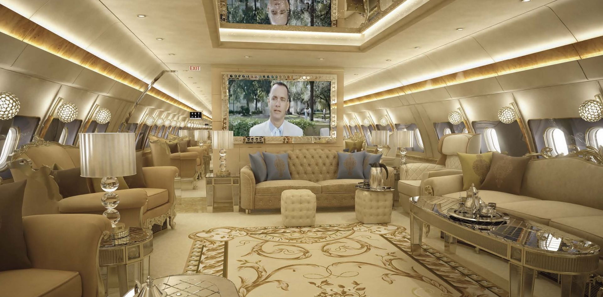 Royal interior VIP widebody aircraft main cabin — VVIP completion with bespoke furnishings managed by IAS completion consultants